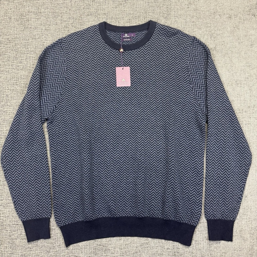 Tocco Reale Mens L Cashmere Blend Sweater Blue Black Herringbone Wool Viscose